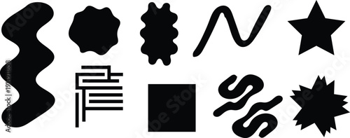 Minimalist black silhouette geometric shapes and wavy lines set on transparent background for designs