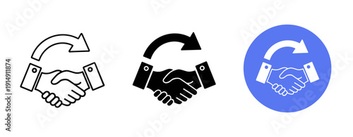 Handshake symbol variations: outline, black, blue icon design