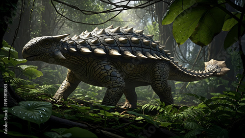 Ankylosaurus dinosaur walking through lush prehistoric jungle, ancient reptile with armor and tail club, primeval forest environment, detailed 3D rendering, extinct creature in its natural habitat.