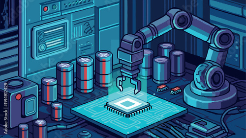 Robotic arm assembling circuit board in futuristic factory setting