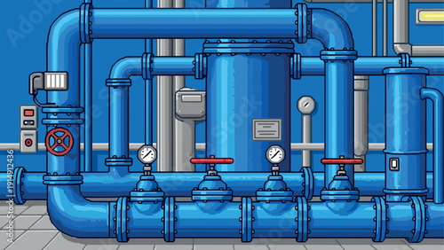 Retro-style industrial bluepipes with gauges and valves in a pixel art setting