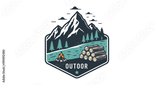 Outdoor adventure emblem with mountains, forest, campfire, and logs, perfect for nature enthusiasts.