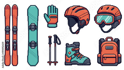 Retro pixel art set of ski and snowboard gear for winter sports enthusiasts