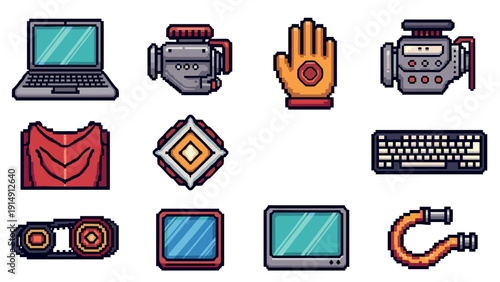 Pixel art technology set: retro gadgets and devices collection