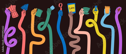 Vibrant flat vector illustration featuring elongated wavy arms in bold colors holding various coffee tools and drinks. Perfect for café branding, coffee culture campaigns, posters, packaging, social 