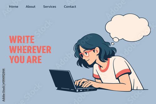 Remote Work Writer Illustration. Young Female Freelancer Typing on Laptop with Idea Thought Bubble. Web Banner Concept.