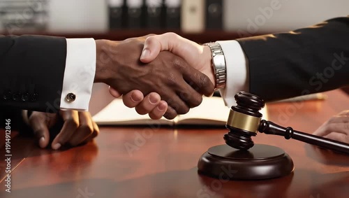 Two people shaking hands with a gavel on a law office desk representing legal agreement