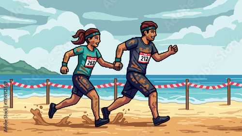 Retro pixel art: happy couple running on the beach during muddy race