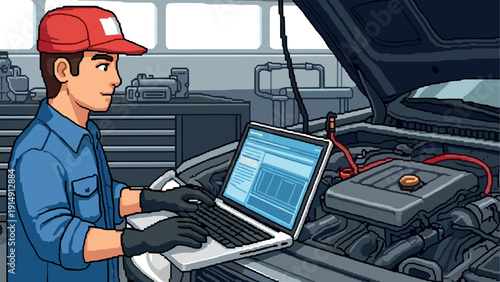 Mechanic using laptop for car diagnostics in garage