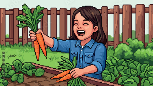 Joyful child harvesting carrots in a vibrant pixel art garden