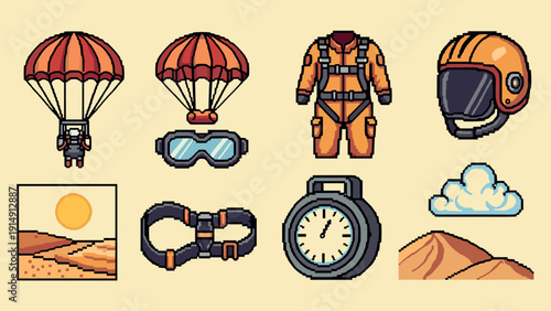 Pixel art skydiving icons: parachute, jumpsuit, goggles, and helmet collection