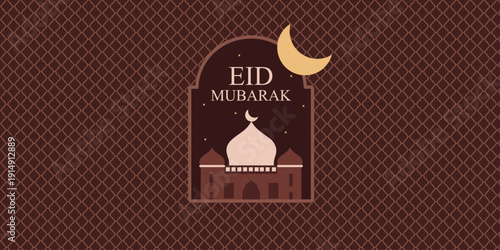 Eid Mubarak modern design with mosque, building, crescent moon in brown color.  Ramadan Kareem banner, poster, greeting card, cover design in trendy warming brown colors background.