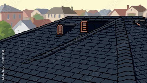 Pixel art rooftop scene with chimneys and city background