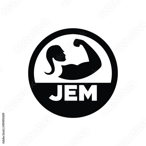Strong woman flexing arm in circular emblem