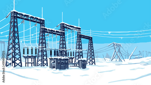Snow-covered industrial structure in winter wonderland