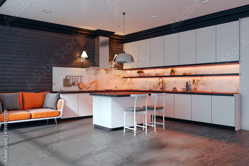фотографія Contemporary luxury kitchen interior with backlit marble backsplash, island bar, and modern furniture in stylish indoor corner setting