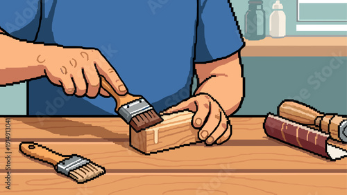 Pixel art of woodcrafting: man painting a wooden block with brush