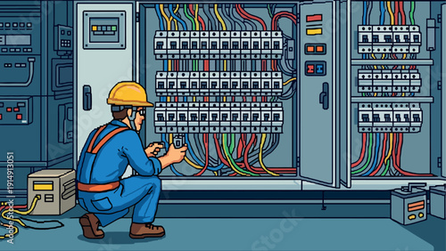 Electrician inspecting industrial control panel with circuit breakers and wiring in a detailed cartoon style