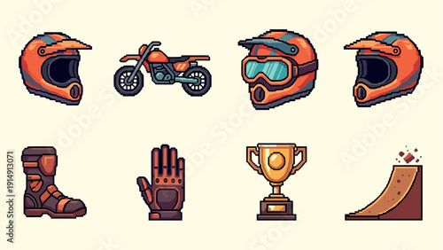 Pixilated motocross gear and icons in retro game style