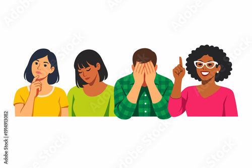 Diverse Group Brainstorming: Thinking, Frustration, Failure, and Idea. Concept of Problem Solving and Emotional Range.