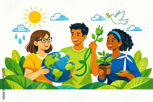 Diverse Youth Protecting the Planet: Sustainability, Green Energy, and Global Conservation Concept Illustration.
