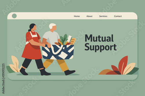 Mutual Support Web Header Banner Illustration. Volunteer or Neighbor Helping Senior Carry Groceries in a Tote Bag. Community Assistance Flat Design.