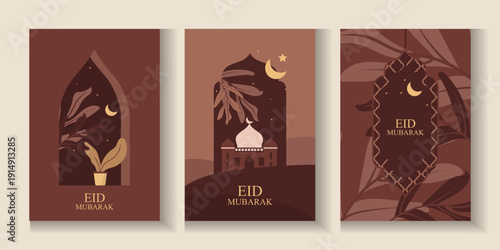 Eid Mubarak modern design with mosque, building, crescent moon in brown color.  Ramadan Kareem banner, poster, greeting card, cover design in trendy warming brown colors background.