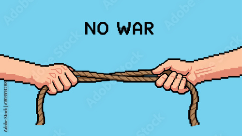 Pixel art tug of war: peaceful message with hands holding rope