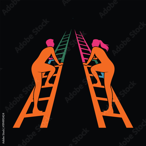 Man and woman climbing ladders toward light, teamwork, competition, career growth, success