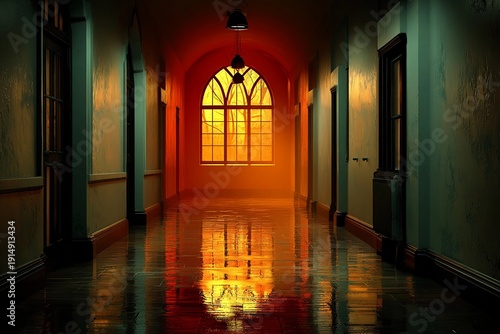 Shadows Dance in a Corridor Kissed by Warm Golden Light at Dusk Generative AI