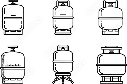 Propane gas cylinder tank outline icon set with household and industrial fuel container variations isolated background