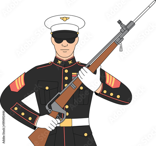 Military soldier in dress uniform holding rifle, detailed vector illustration isolated on light background for armed forces, defense, and ceremonial service design