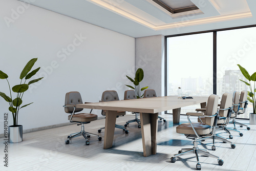 Modern empty conference room with large table, office chairs, indoor plants, and city view through tall windows in a contemporary workplace interior. 3D Rendering
