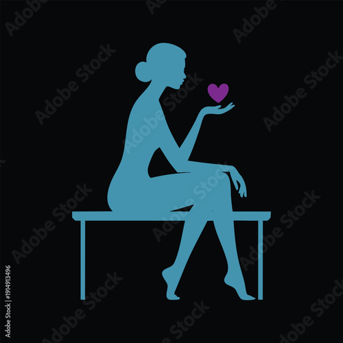 Silhouette woman sitting on bench holding purple heart, isolated on black background, symbol of love contemplation and self care