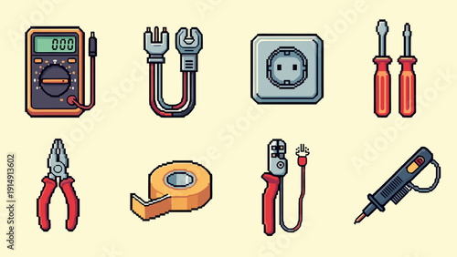 Vintage pixel art tools for electricians and diy enthusiasts