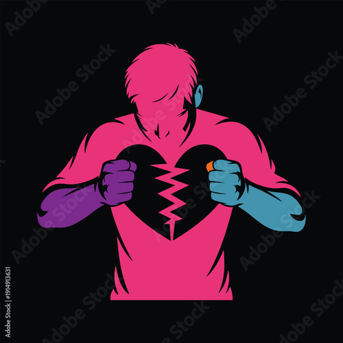 Man breaking shirt to reveal broken heart emotional pain sadness despair broken love relationship heartbreak
