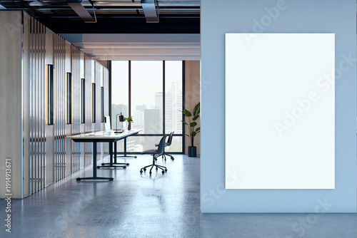 Vertical blank poster mockup on clean blue wall in modern corporate office hallway with city view and contemporary workspace design. 3D Rendering