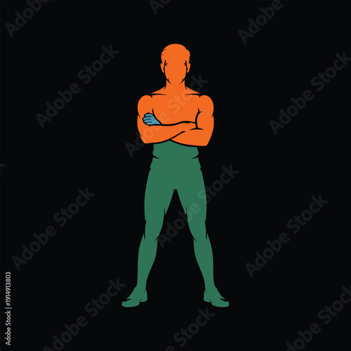 Man orange torso green legs arms crossed confident stance
