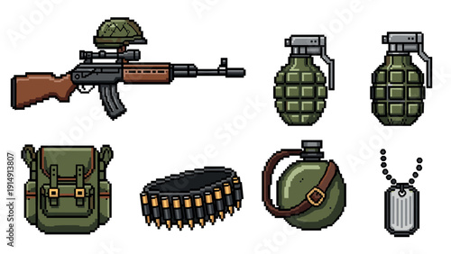 Pixel art military gear collection: rifle, grenade, helmet, backpack, ammo, flask, dog tag