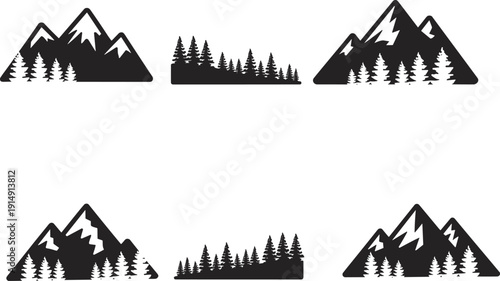 Mountain and pine forest silhouette set, black nature landscape vector illustration isolated on light background for outdoor adventure logo and branding designMountain and pine forest 