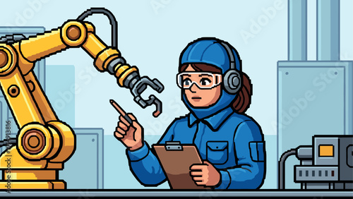 Female engineer operating robotic arm in factory setting