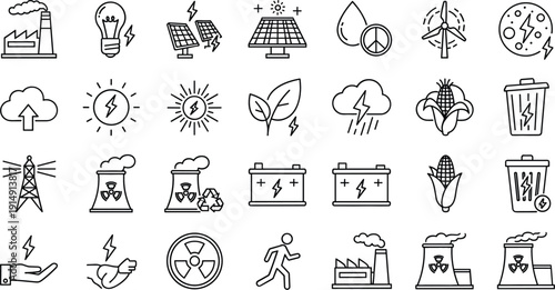 Renewable energy and environmental outline icon set with solar wind recycling and sustainability symbols isolated