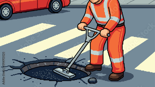 Pixel art: worker repairing pothole on city street