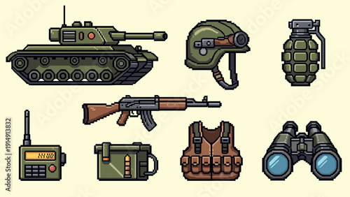 Pixel art military gear collection: tank, helmet, rifle, and more