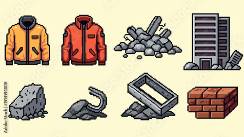 Retro pixel art jackets and construction elements collection