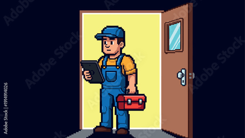 Pixel art repairman at doorway holding toolbox and tablet