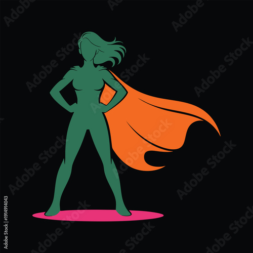 Superhero woman silhouette standing confidently with cape flowing, empowering female strength and leadership symbol