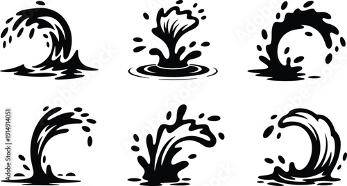 Water splash and wave silhouette set, black liquid motion vector illustration isolated on light background for design, logo, aquatic and nature branding
