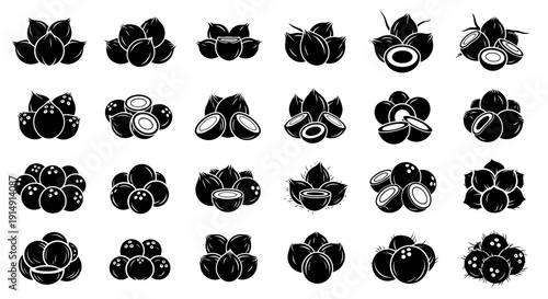 Collection of various black and white illustrations of fruit vegetables and flowers in different styles and perspectives on a plain white background