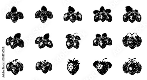 Black silhouette illustrations of strawberries and clusters on white background for food design